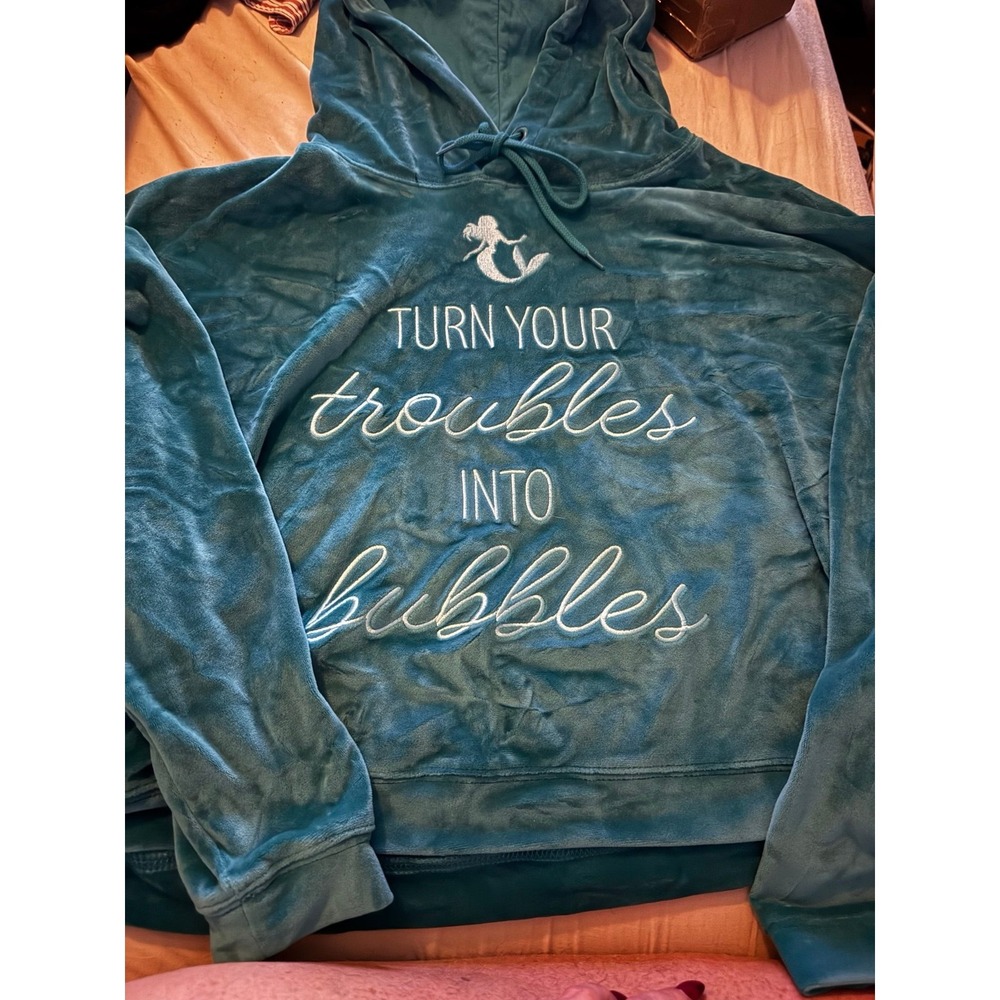 Disney NWT Size L Ariel Teal Velour Super Soft Fleece Pullover Hoodie A7